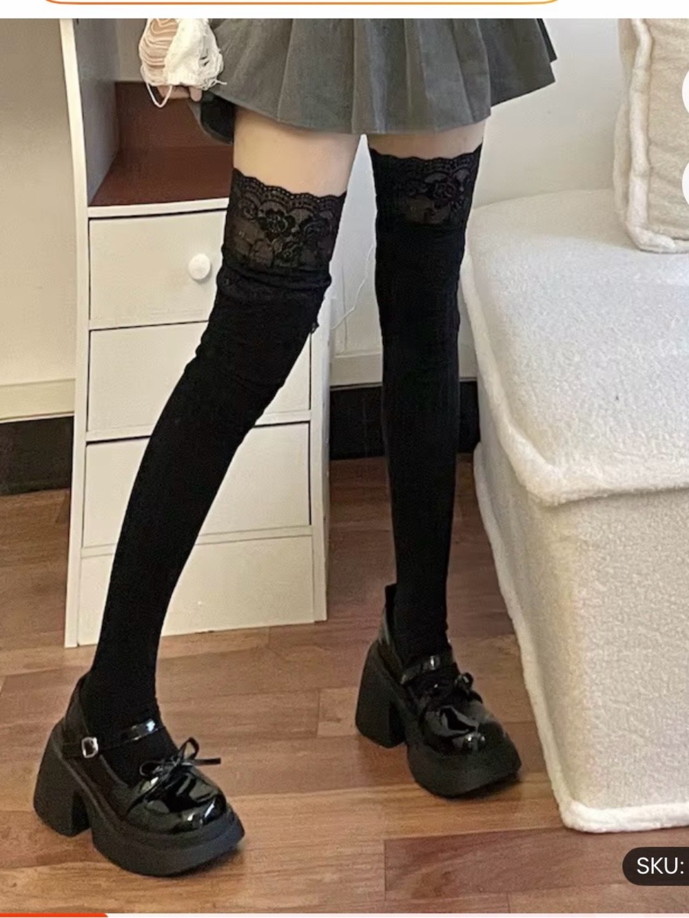 Black Lace-Top Thigh High Socks for Women